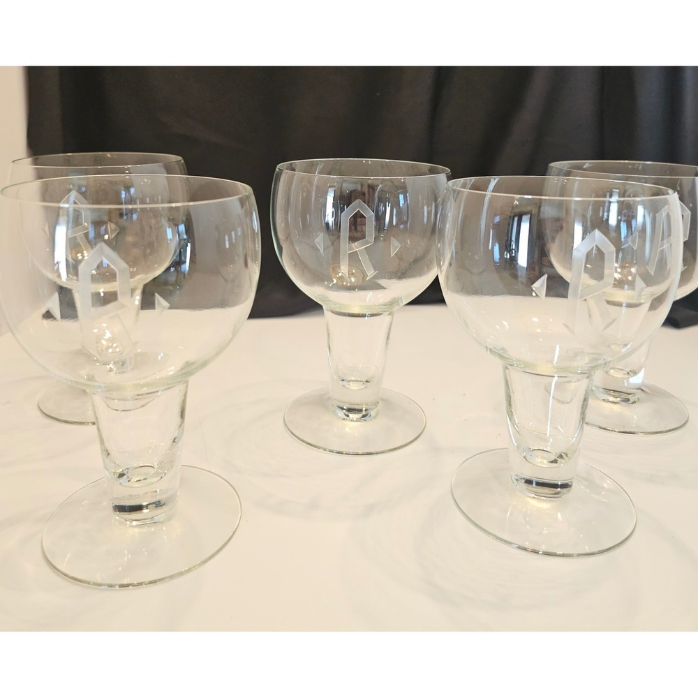 Set of 5 Vintage Monogrammed R Etched Glass Cocktail Beer Stemmed Glasses